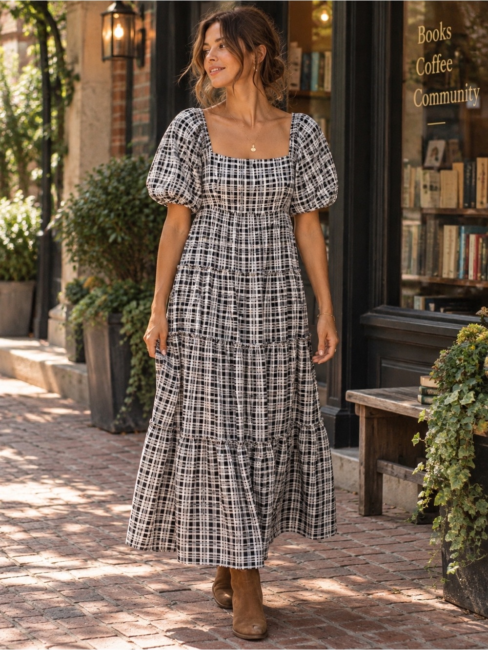 Faithfull the Brand Black White Plaid Cotton Puff Sleeve Maxi Dress S